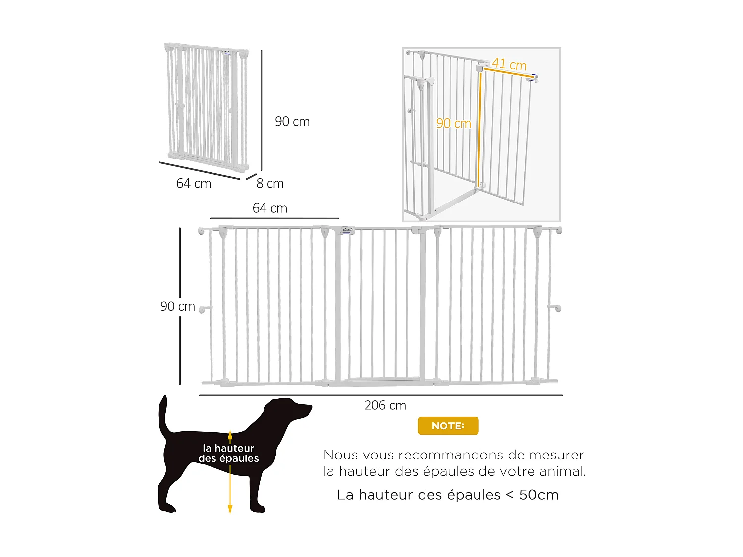 Barrière de sécurité pliable pour chien - 3 panneaux, porte verrouillable - dim. 206L x 90H cm - acier PP blanc