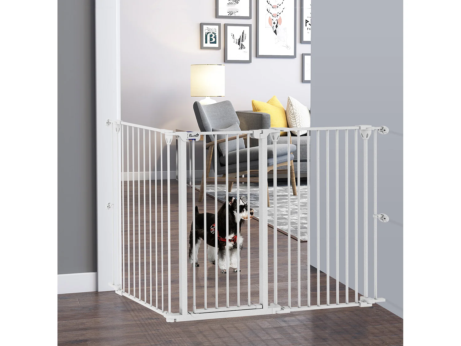 Barrière de sécurité pliable pour chien - 3 panneaux, porte verrouillable - dim. 206L x 90H cm - acier PP blanc