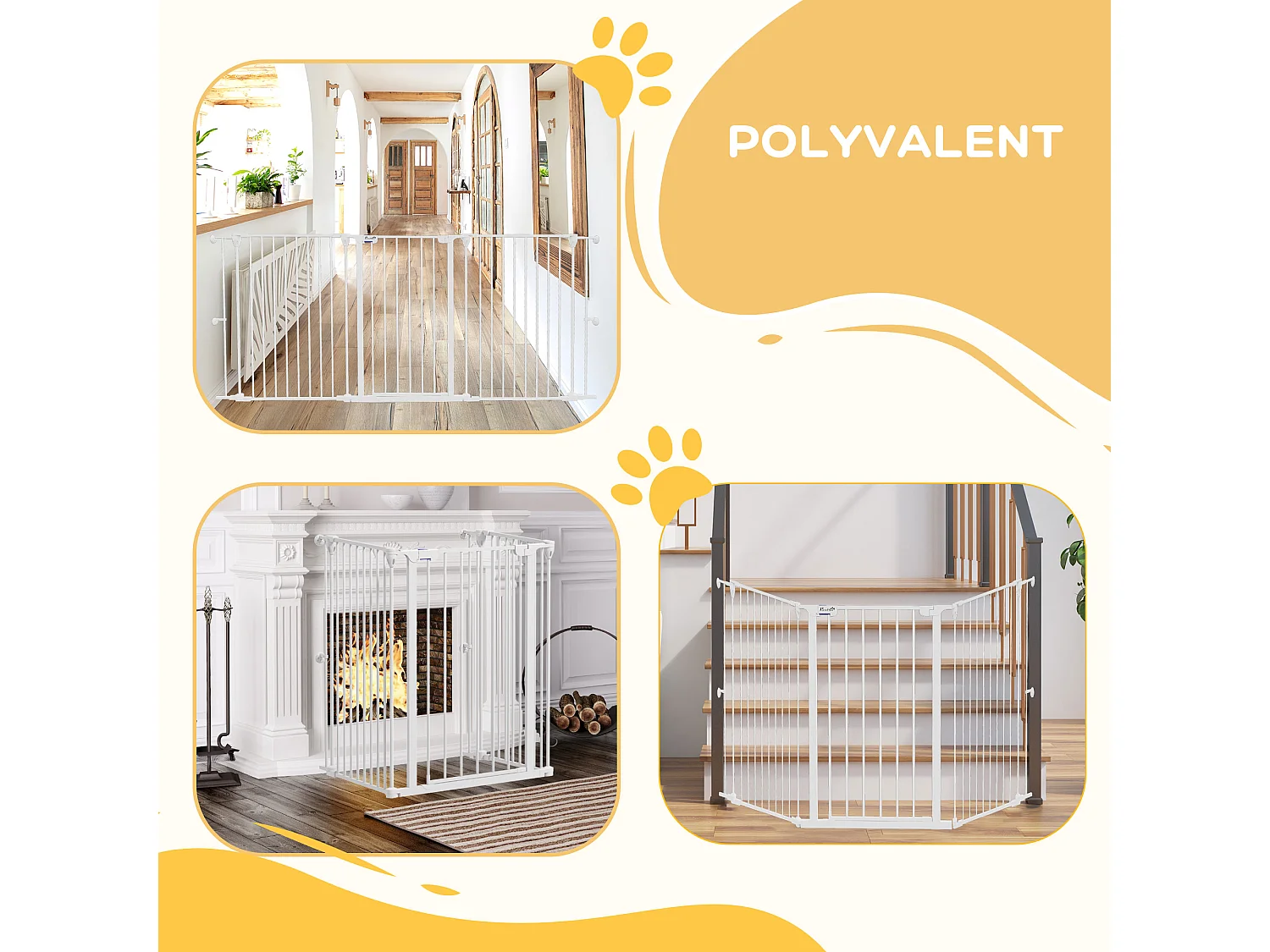Barrière de sécurité pliable pour chien - 3 panneaux, porte verrouillable - dim. 206L x 90H cm - acier PP blanc