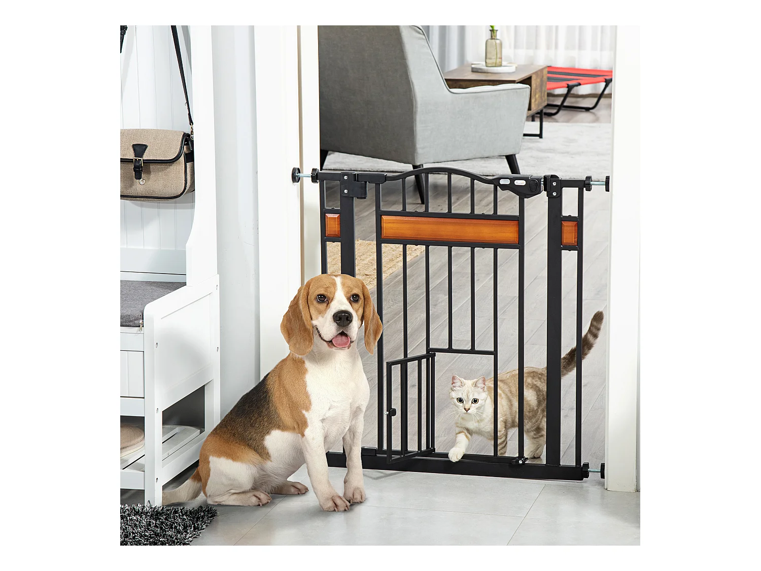 Barrière de sécurité animaux - longueur réglable dim. 74-80 cm - 2 portes verrouillables, ouverture double sens - sans perçage - acier noir pin