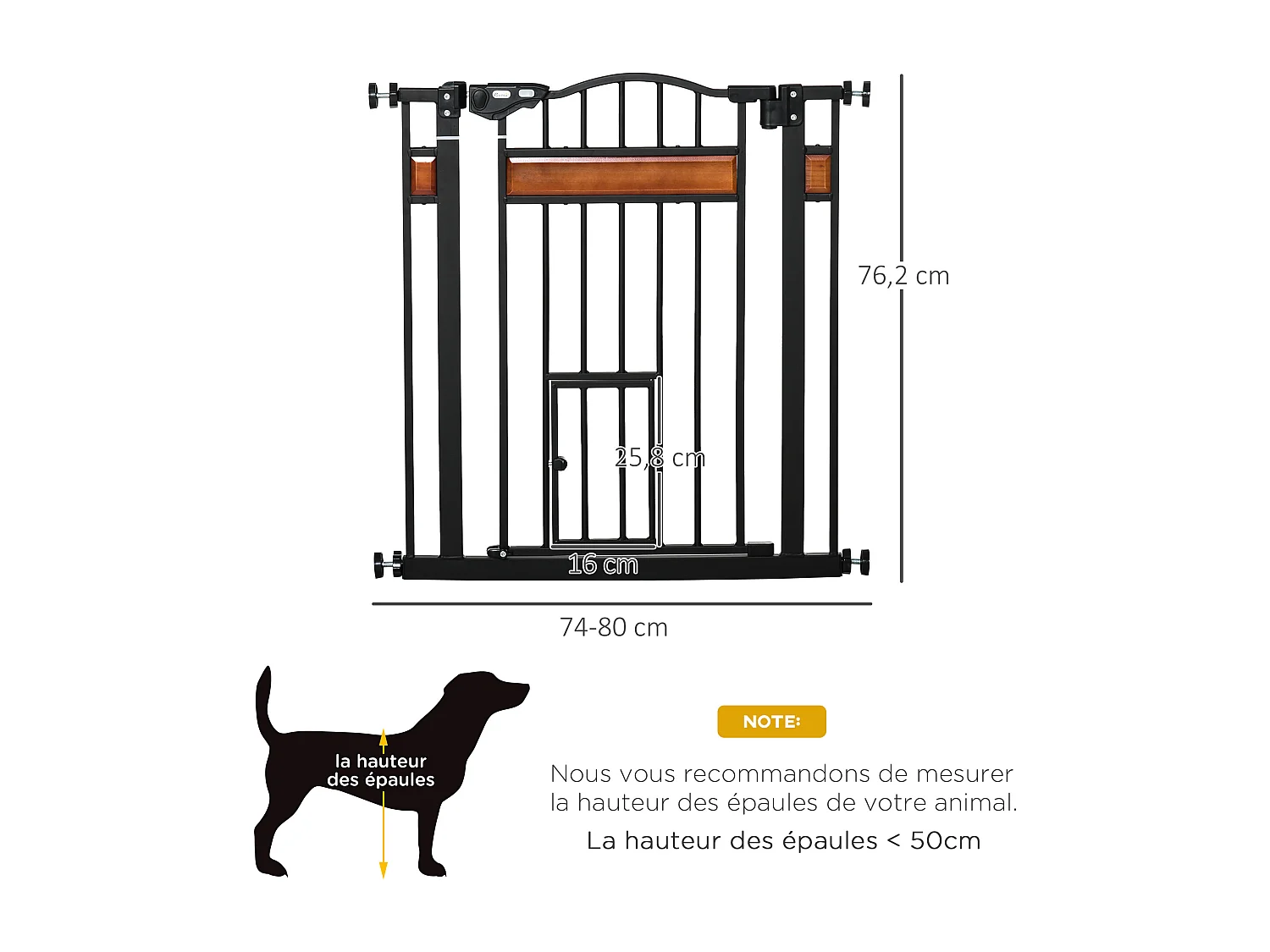 Barrière de sécurité animaux - longueur réglable dim. 74-80 cm - 2 portes verrouillables, ouverture double sens - sans perçage - acier noir pin