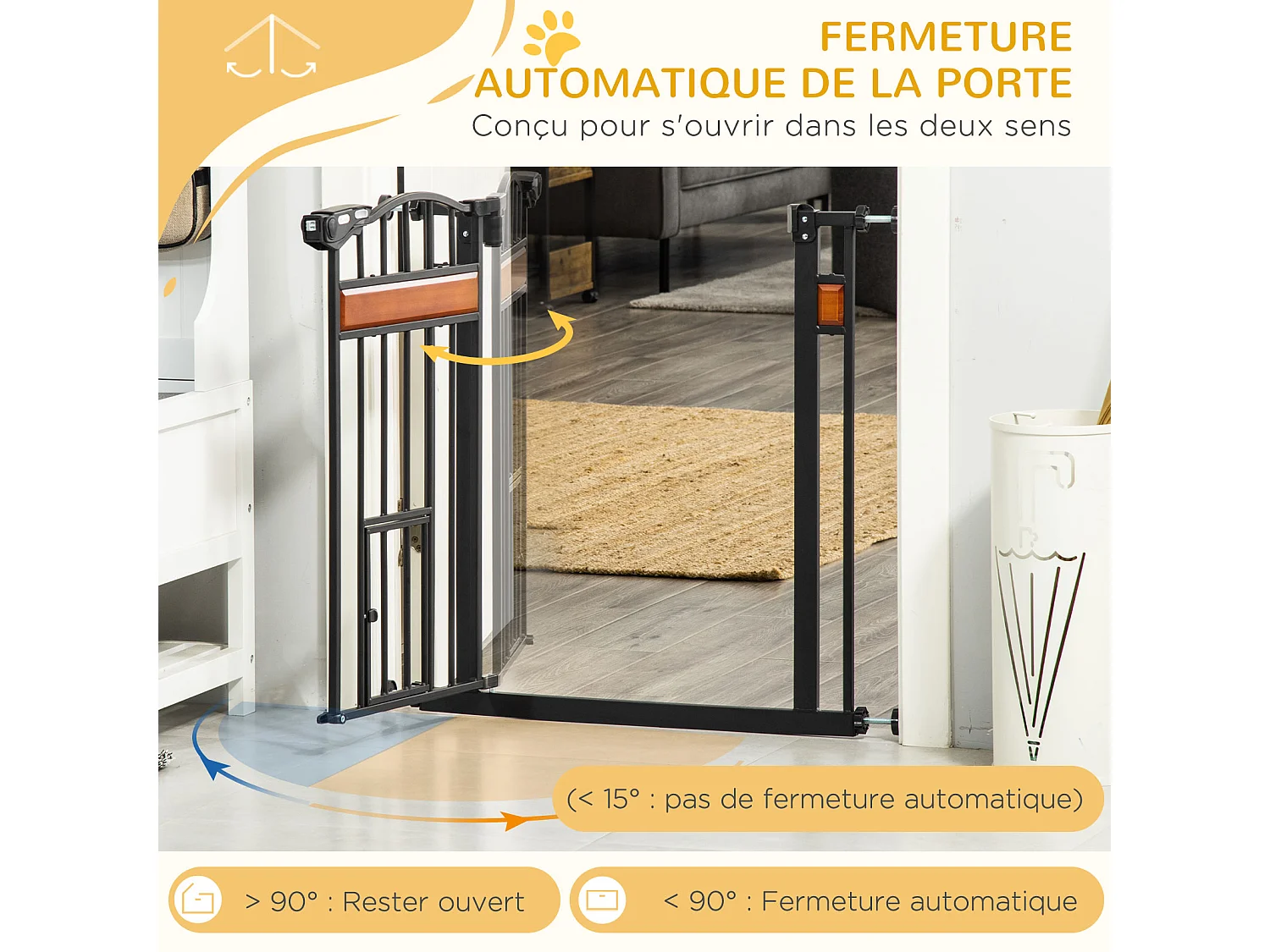 Barrière de sécurité animaux - longueur réglable dim. 74-80 cm - 2 portes verrouillables, ouverture double sens - sans perçage - acier noir pin
