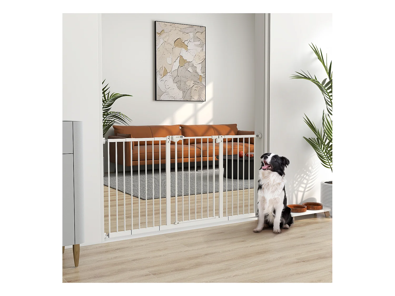 Barrière de sécurité pliable pour chien - 3 panneaux, porte verrouillable - dim. 206L x 120H cm - acier PP blanc