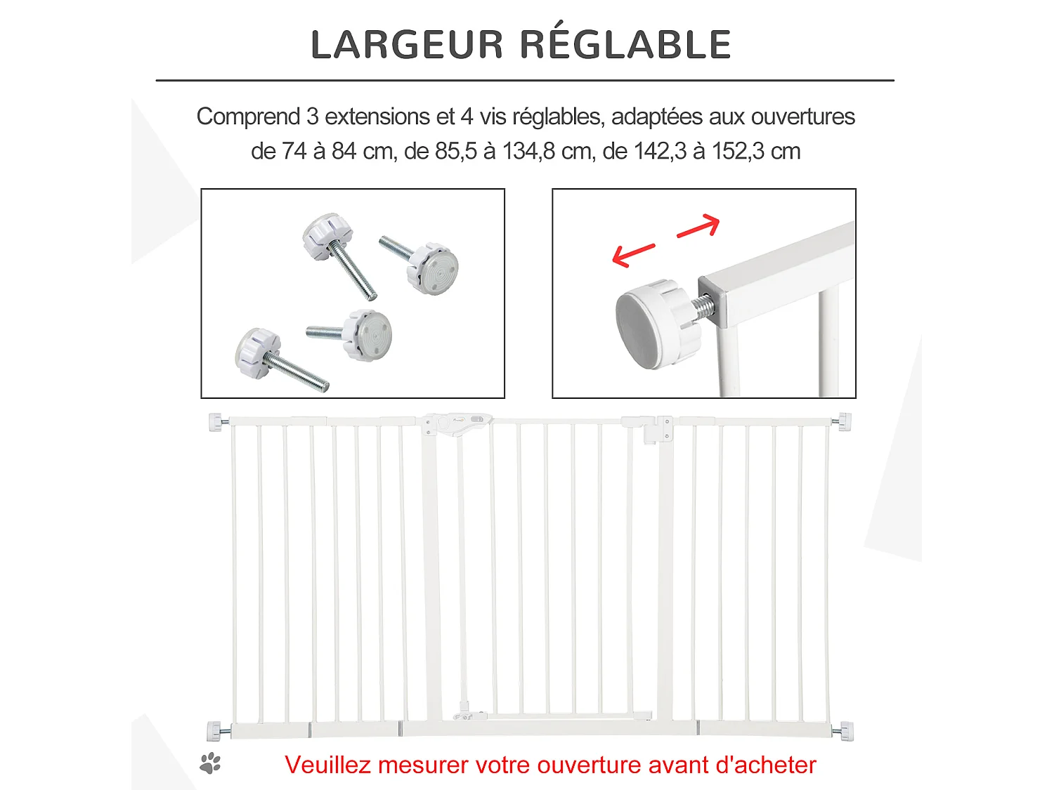 Barrière de sécurité pliable pour chien - 3 panneaux, porte verrouillable - dim. 206L x 120H cm - acier PP blanc