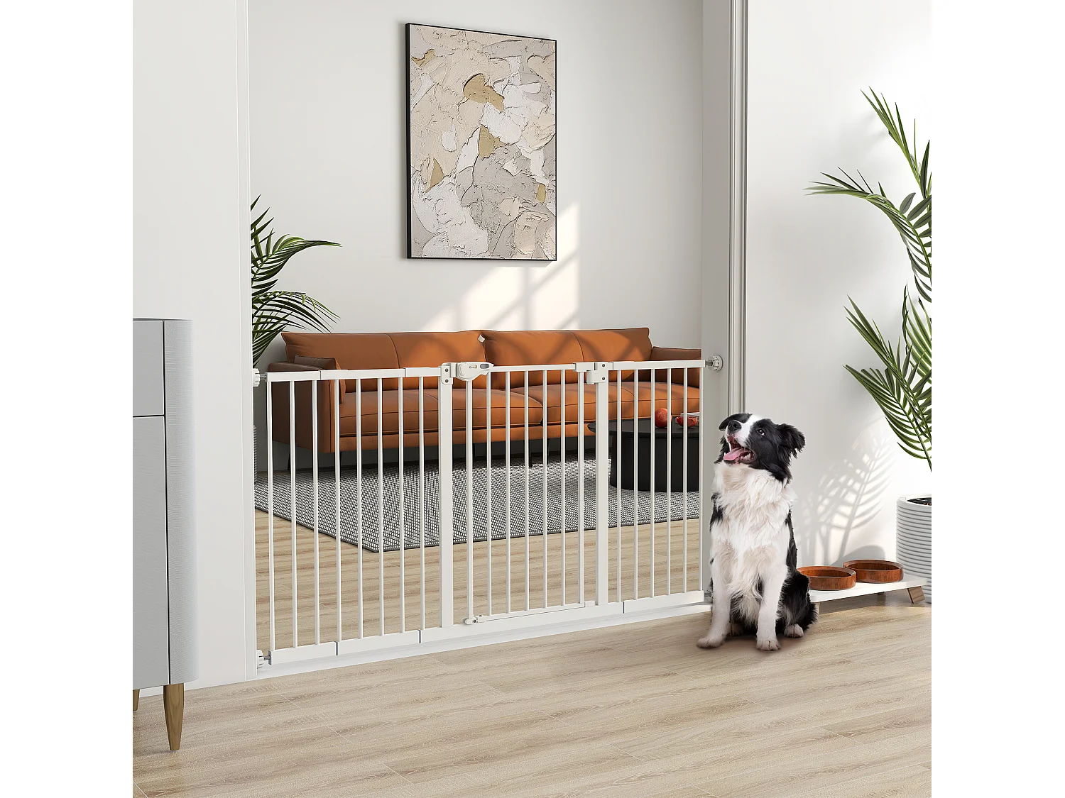 Barrière de sécurité pliable pour chien - 3 panneaux, porte verrouillable - dim. 206L x 120H cm - acier PP blanc