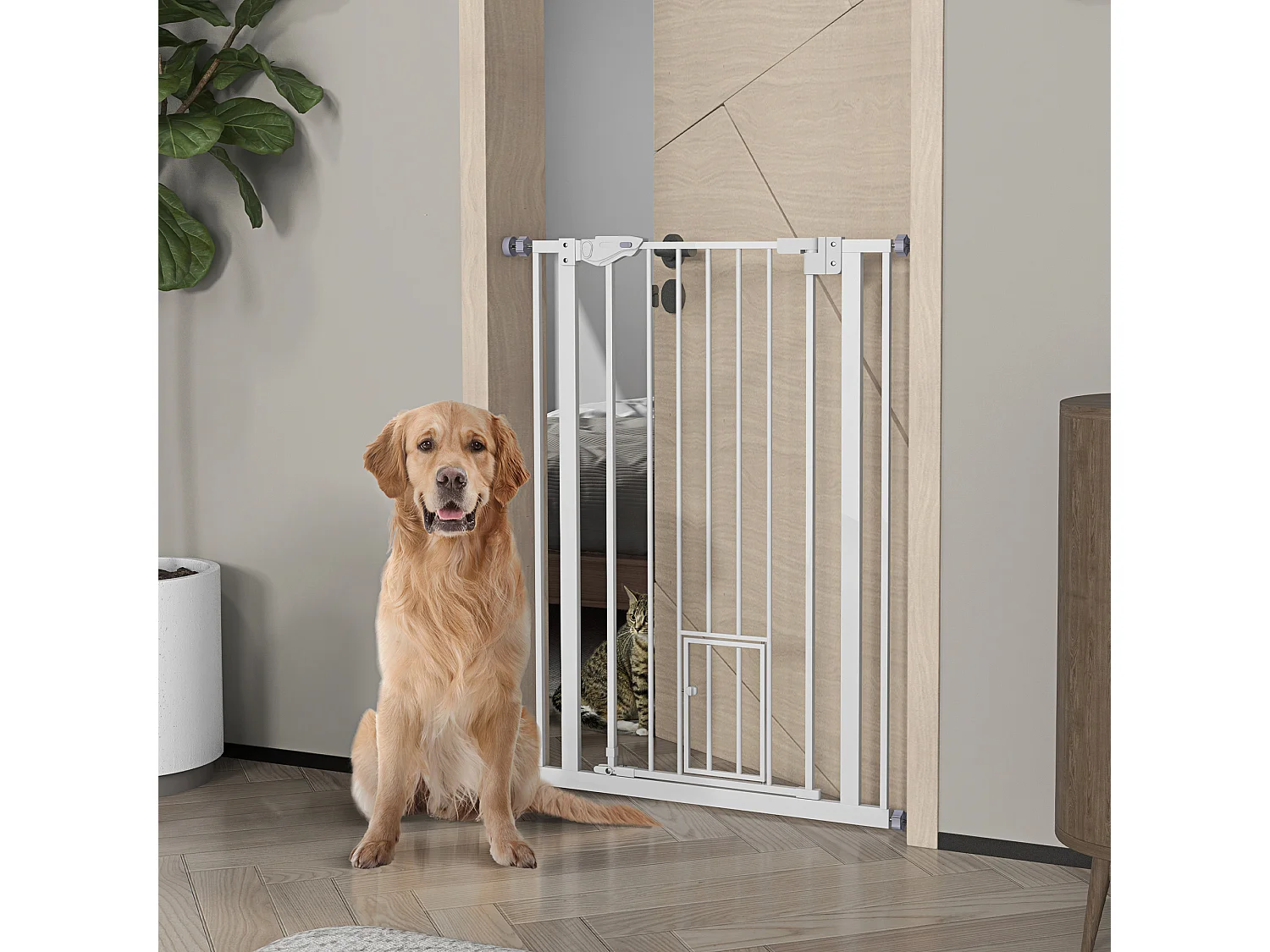 Barrière de sécurité animaux - longueur réglable dim. 74-80 cm - porte double verrouillage, ouverture double sens, petite porte -sans perçage - acier plastique