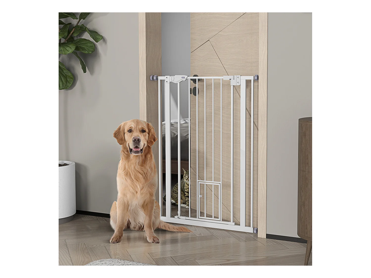 Barrière de sécurité animaux - longueur réglable dim. 74-80 cm - porte double verrouillage, ouverture double sens, petite porte -sans perçage - acier plastique