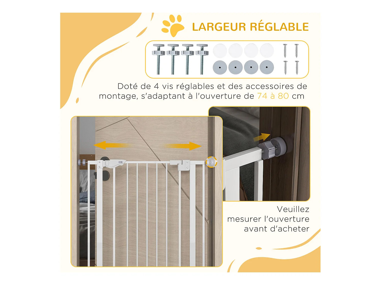 Barrière de sécurité animaux - longueur réglable dim. 74-80 cm - porte double verrouillage, ouverture double sens, petite porte -sans perçage - acier plastique