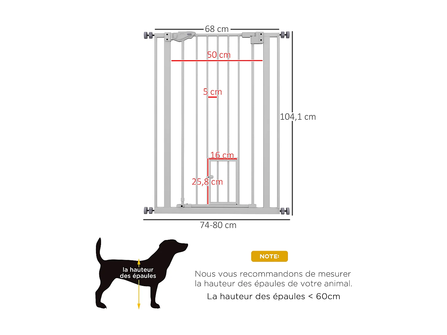 Barrière de sécurité animaux - longueur réglable dim. 74-80 cm - porte double verrouillage, ouverture double sens, petite porte -sans perçage - acier plastique