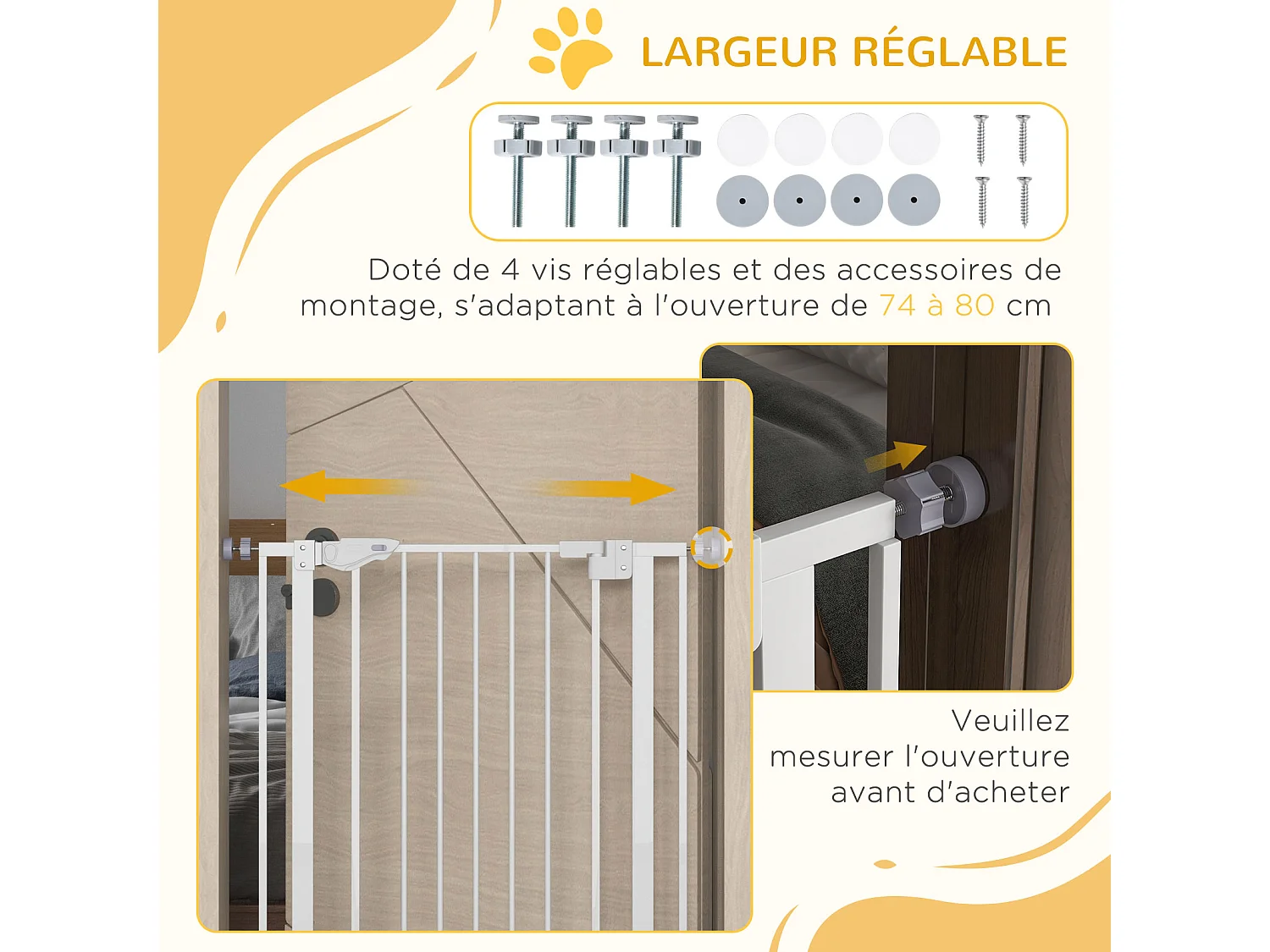 Barrière de sécurité animaux - longueur réglable dim. 74-80 cm - porte double verrouillage, ouverture double sens, petite porte -sans perçage - acier plastique