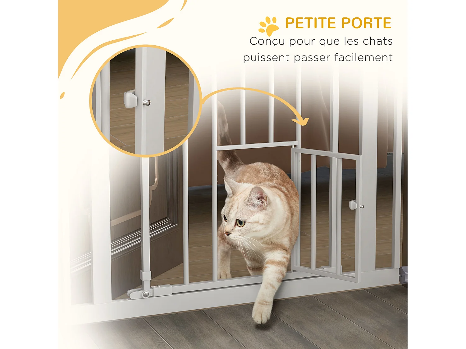 Barrière de sécurité animaux - longueur réglable dim. 74-80 cm - porte double verrouillage, ouverture double sens, petite porte -sans perçage - acier plastique