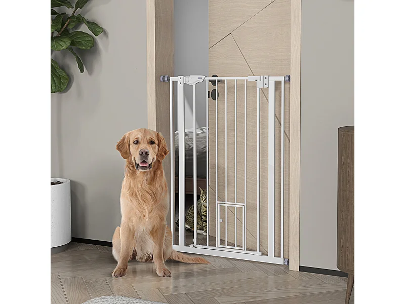 Barrière de sécurité animaux - longueur réglable dim. 74-80 cm - porte double verrouillage, ouverture double sens, petite porte -sans perçage - acier plastique