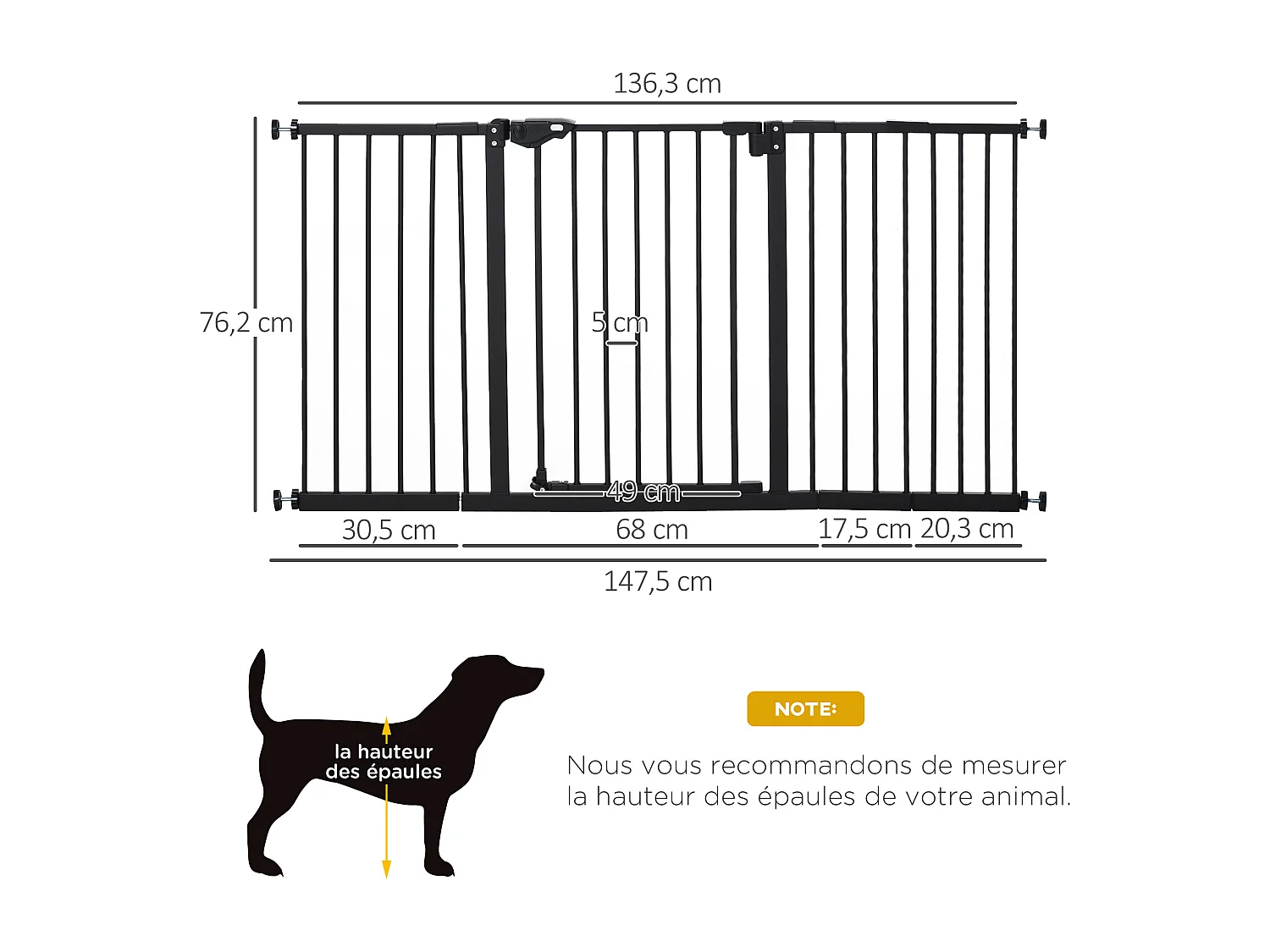Barrière de sécurité longueur réglable porte double verrouillage sans perçage acier plastique noir