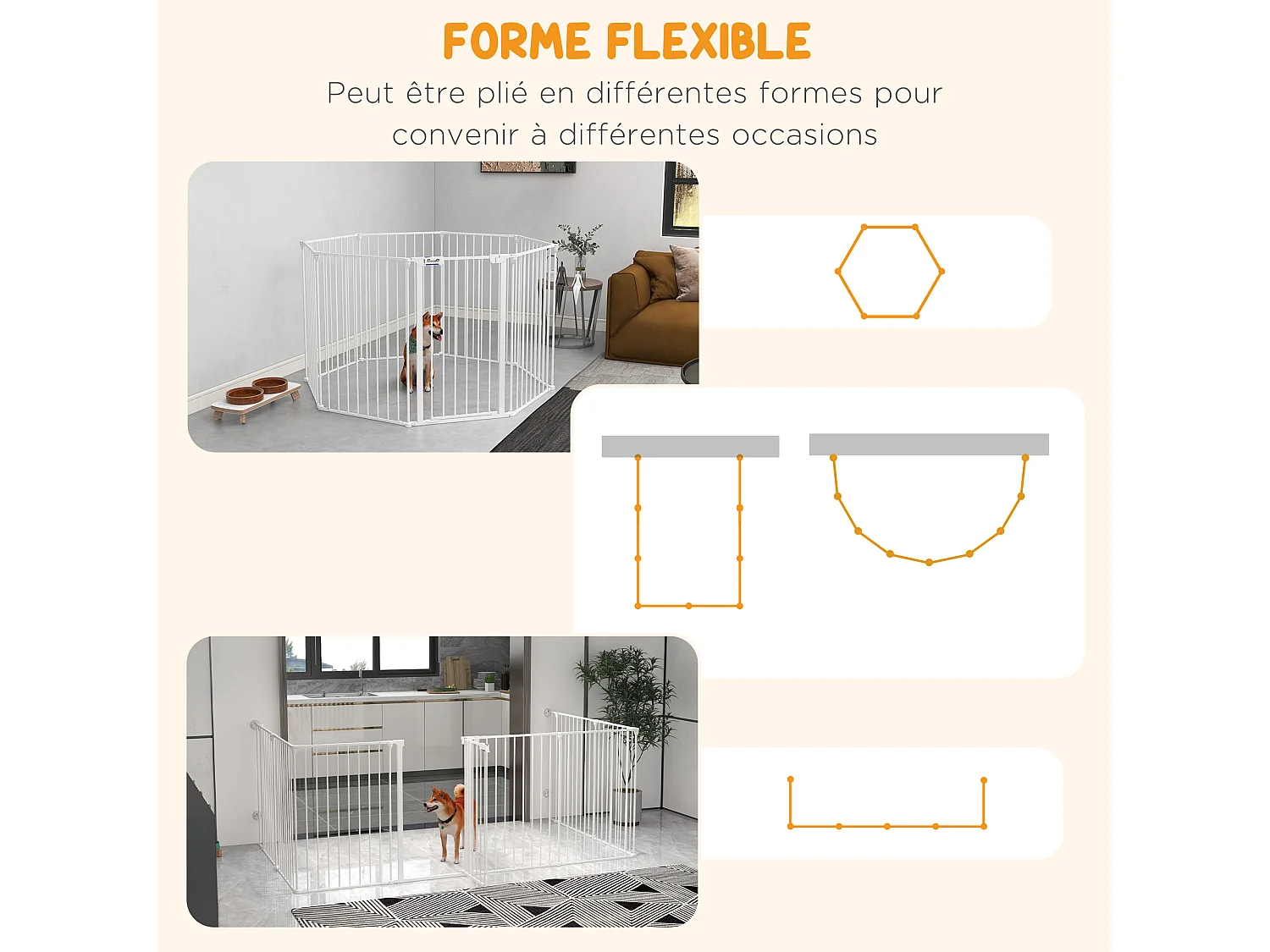 Barrière de sécurité parc enclos chien modulable pliable porte verrouillable intégrée 8 panneaux acier PP blanc