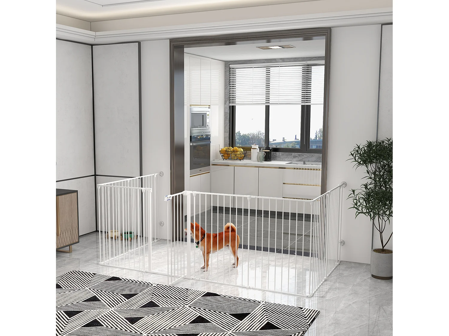 Barrière de sécurité parc enclos chien modulable pliable porte verrouillable intégrée 8 panneaux acier PP blanc