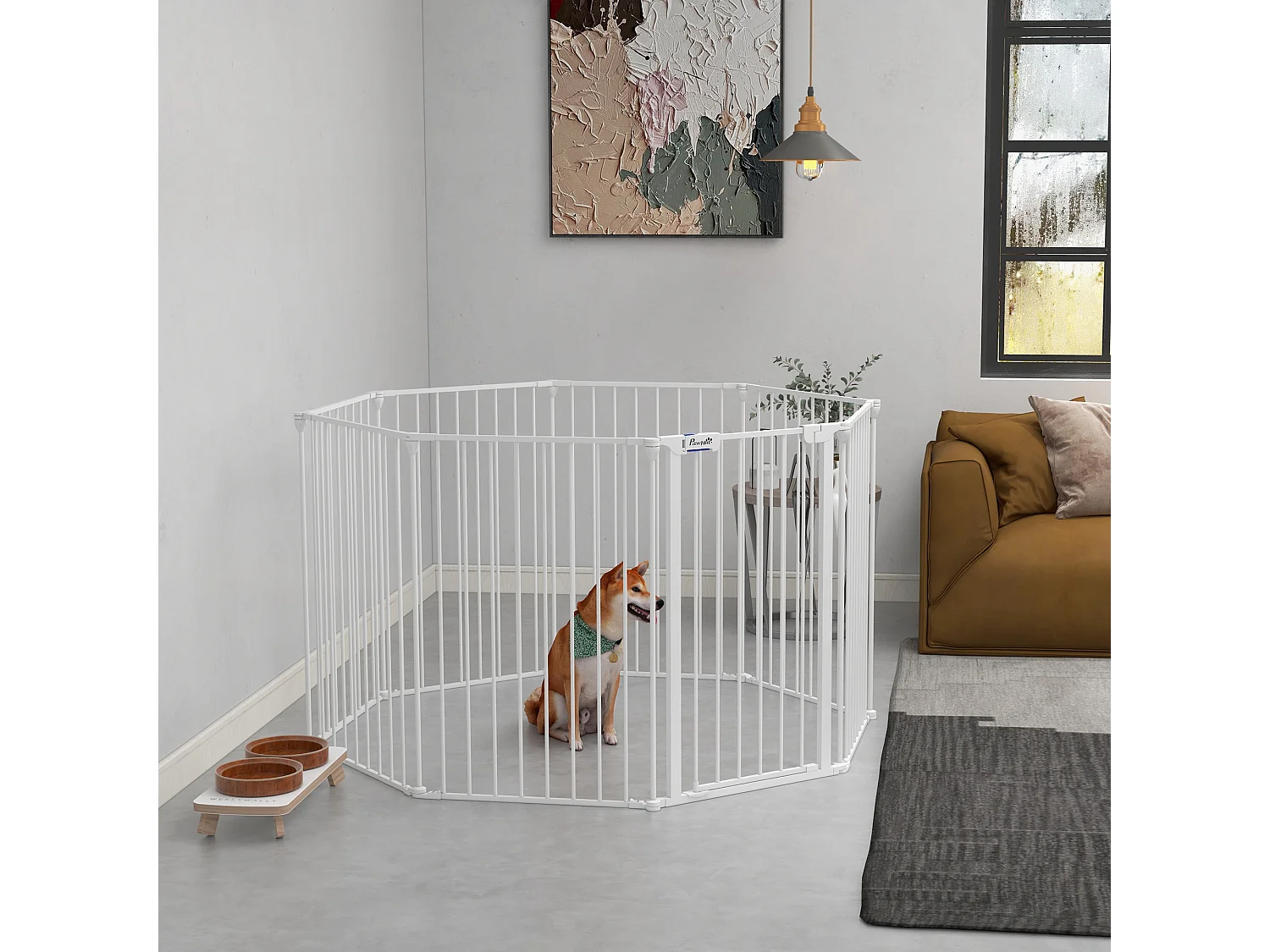 Barrière de sécurité parc enclos chien modulable pliable porte verrouillable intégrée 8 panneaux acier PP blanc