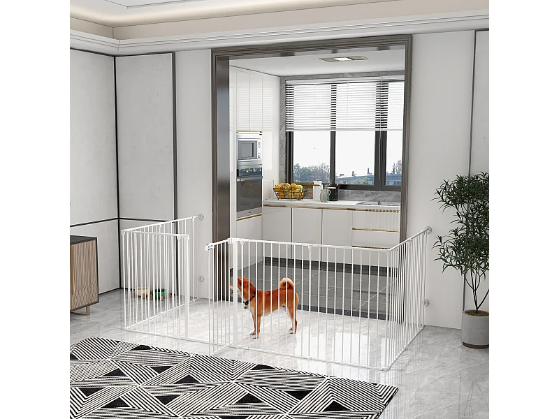 Barrière de sécurité parc enclos chien modulable pliable porte verrouillable intégrée 8 panneaux acier PP blanc