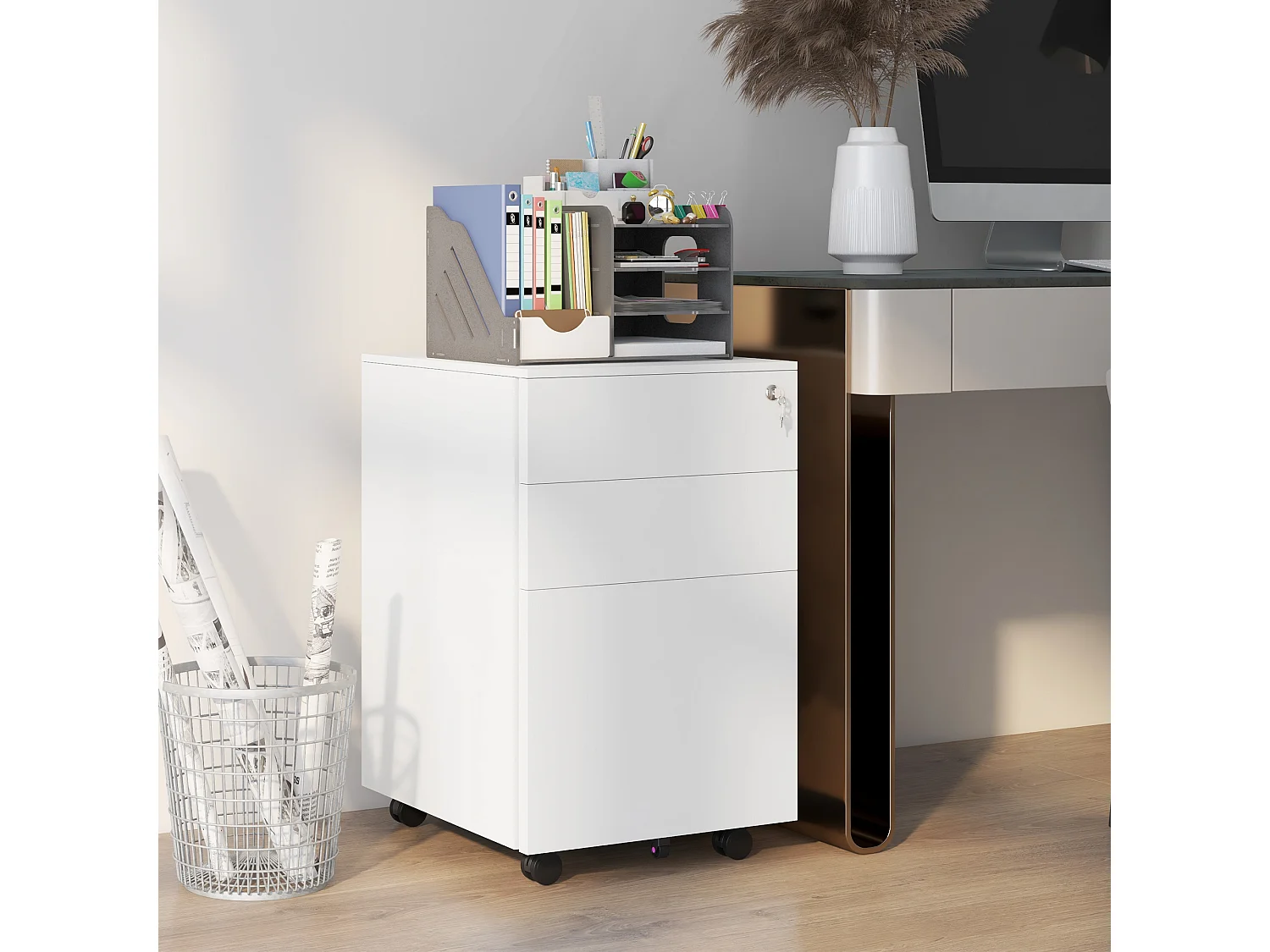 Caisson de bureau rangement bureau sur roulettes 3 tiroirs coulissants verrouillables trieur à dossiers acier blanc