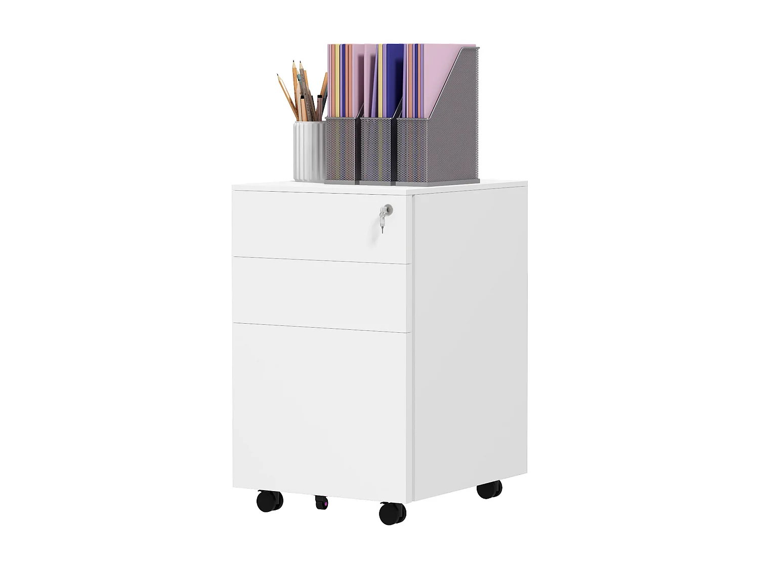 Caisson de bureau rangement bureau sur roulettes 3 tiroirs coulissants verrouillables trieur à dossiers acier blanc