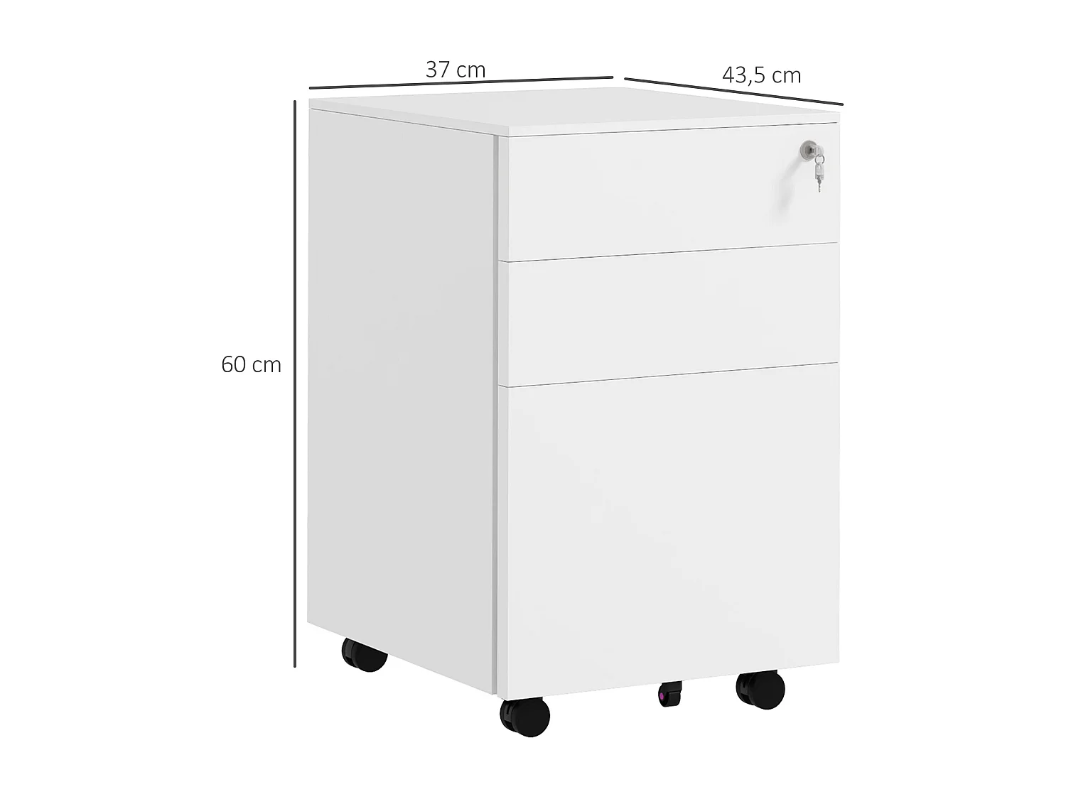 Caisson de bureau rangement bureau sur roulettes 3 tiroirs coulissants verrouillables trieur à dossiers acier blanc