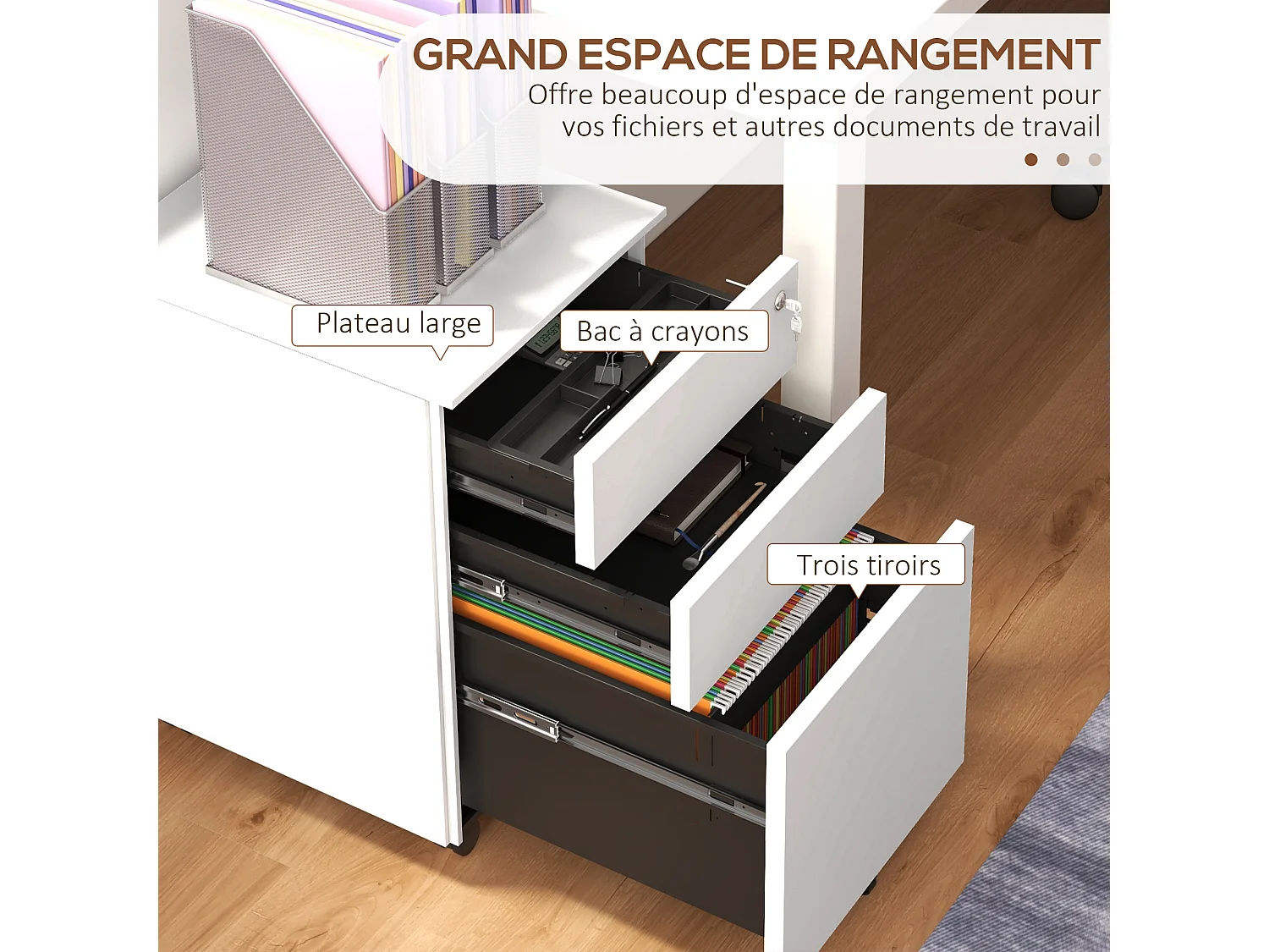Caisson de bureau rangement bureau sur roulettes 3 tiroirs coulissants verrouillables trieur à dossiers acier blanc