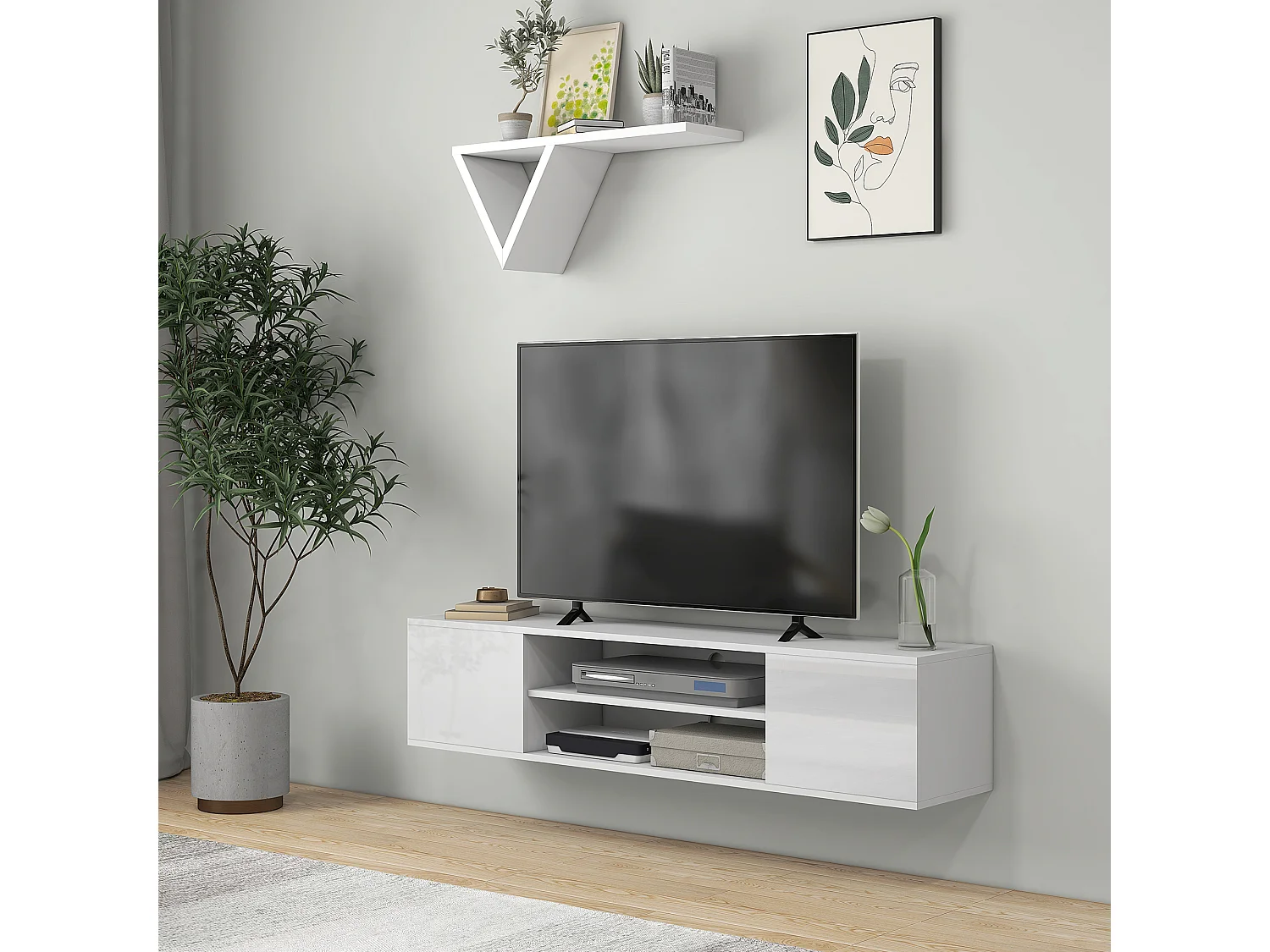 Meuble TV mural - banc TV flottant - 2 portes, 2 niches - dim. 140L x 30l x 30H cm - panneaux blanc laqué