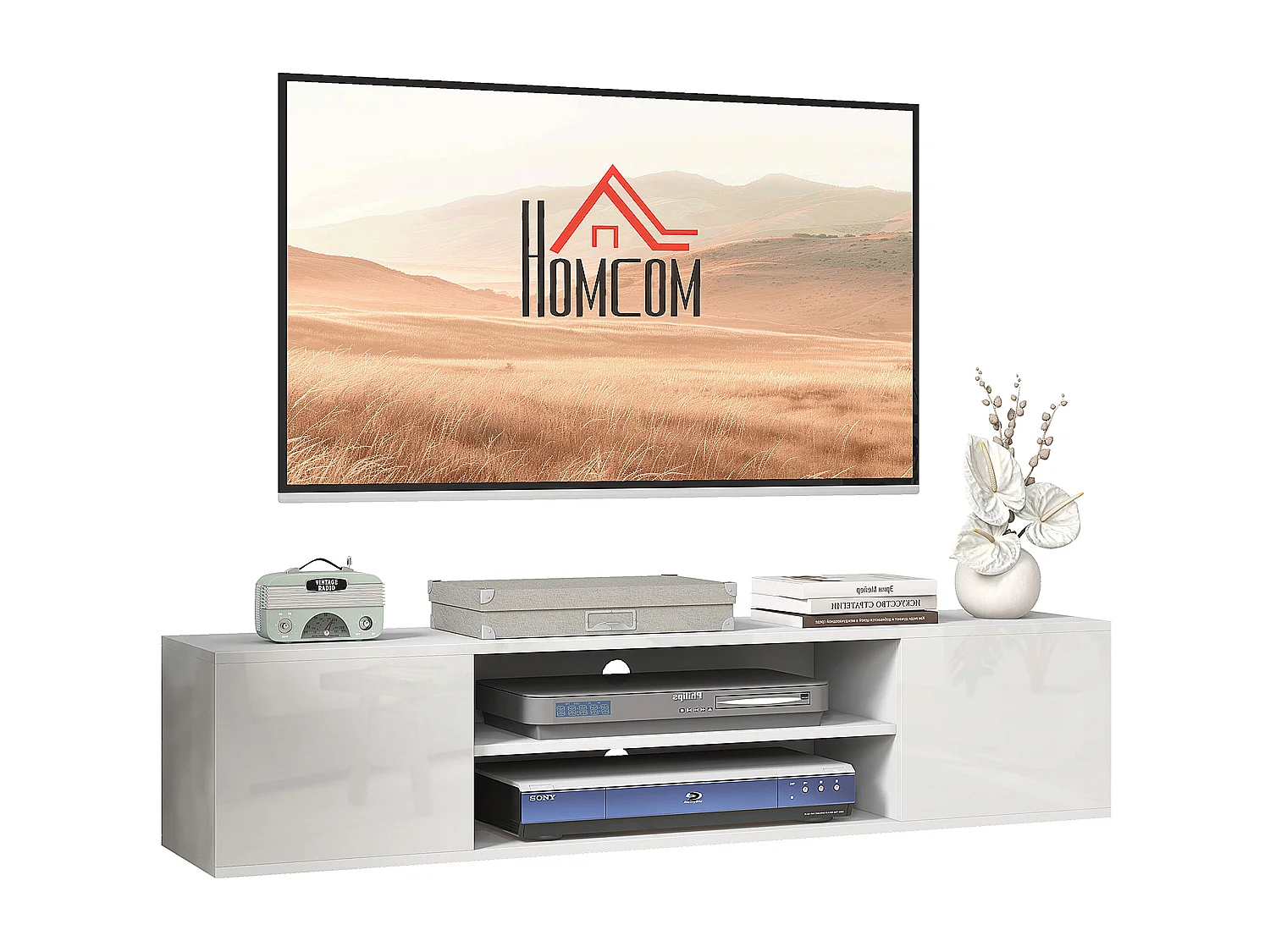 Meuble TV mural - banc TV flottant - 2 portes, 2 niches - dim. 140L x 30l x 30H cm - panneaux blanc laqué