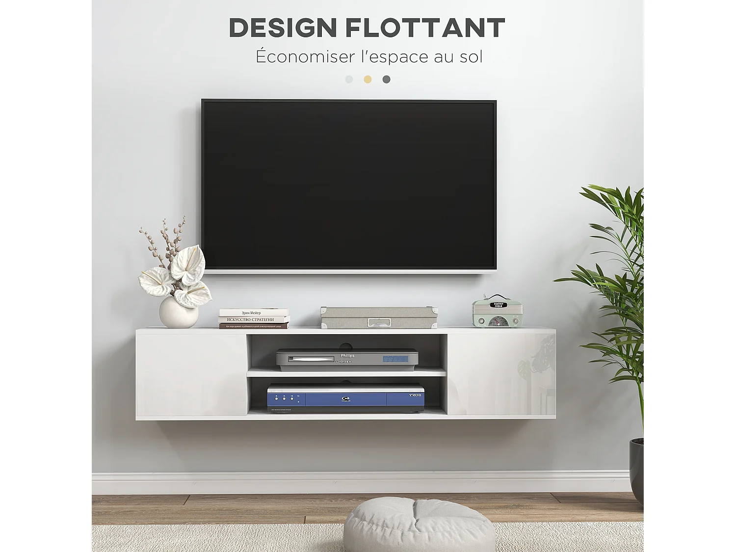 Meuble TV mural - banc TV flottant - 2 portes, 2 niches - dim. 140L x 30l x 30H cm - panneaux blanc laqué