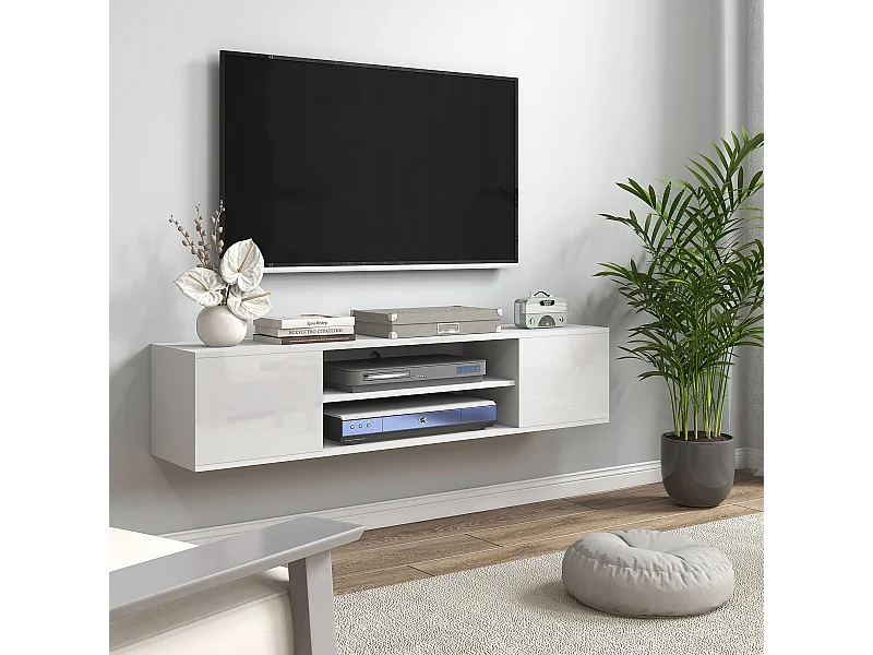 Meuble TV mural - banc TV flottant - 2 portes, 2 niches - dim. 140L x 30l x 30H cm - panneaux blanc laqué
