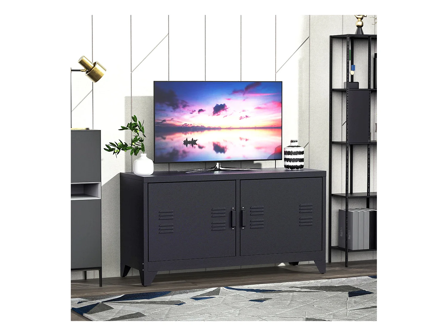 Meuble TV banc TV design industriel - 2 placards, 2 étagères, 4 passe-fils - tôle métal noir