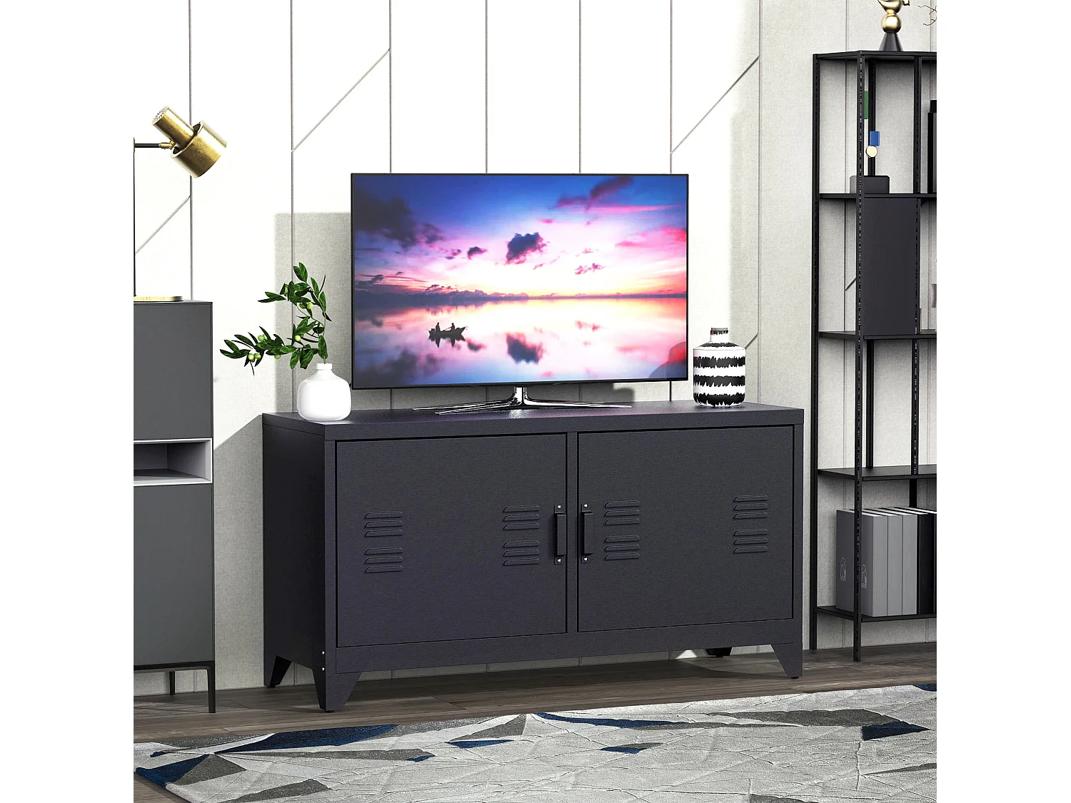 Meuble TV banc TV design industriel - 2 placards, 2 étagères, 4 passe-fils - tôle métal noir
