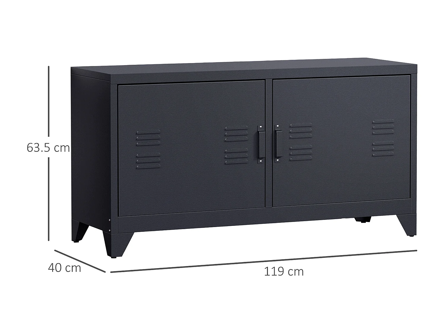 Meuble TV banc TV design industriel - 2 placards, 2 étagères, 4 passe-fils - tôle métal noir