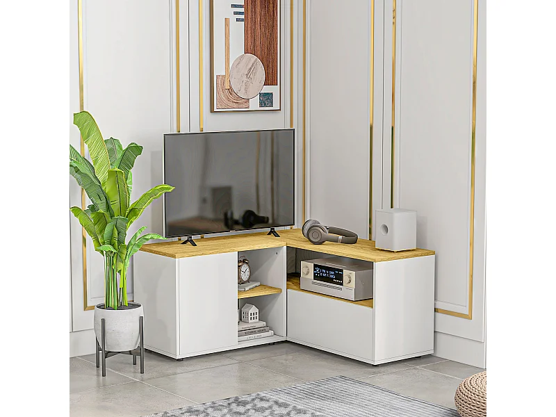 Meuble TV d'angle banc TV en L 2 portes 3 niches panneaux aspect bois chêne clair blanc