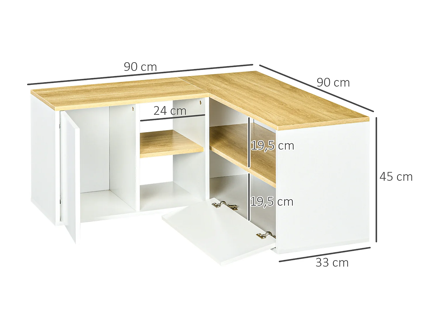 Meuble TV d'angle banc TV en L 2 portes 3 niches panneaux aspect bois chêne clair blanc
