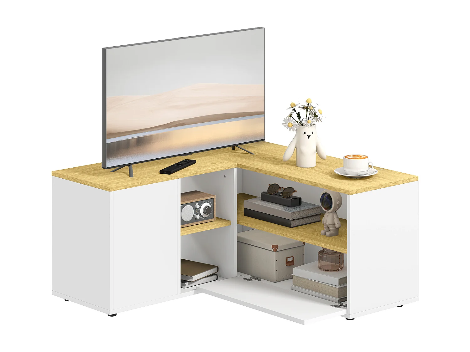 Meuble TV d'angle banc TV en L 2 portes 3 niches panneaux aspect bois chêne clair blanc