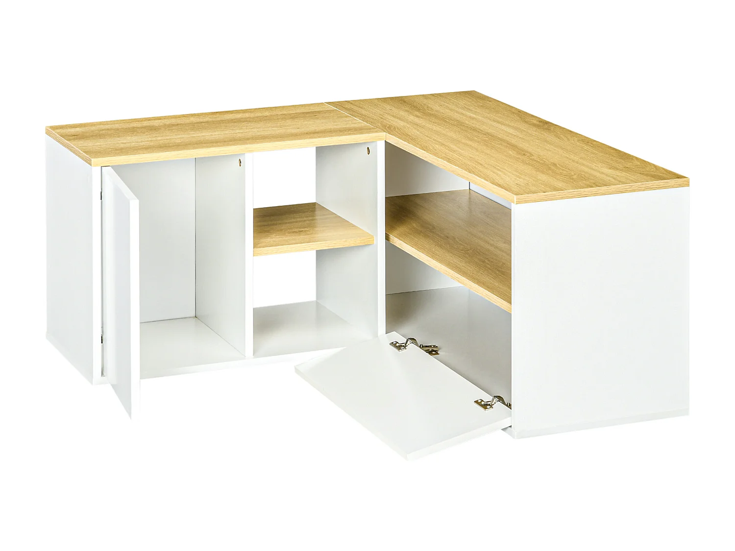 Meuble TV d'angle banc TV en L 2 portes 3 niches panneaux aspect bois chêne clair blanc