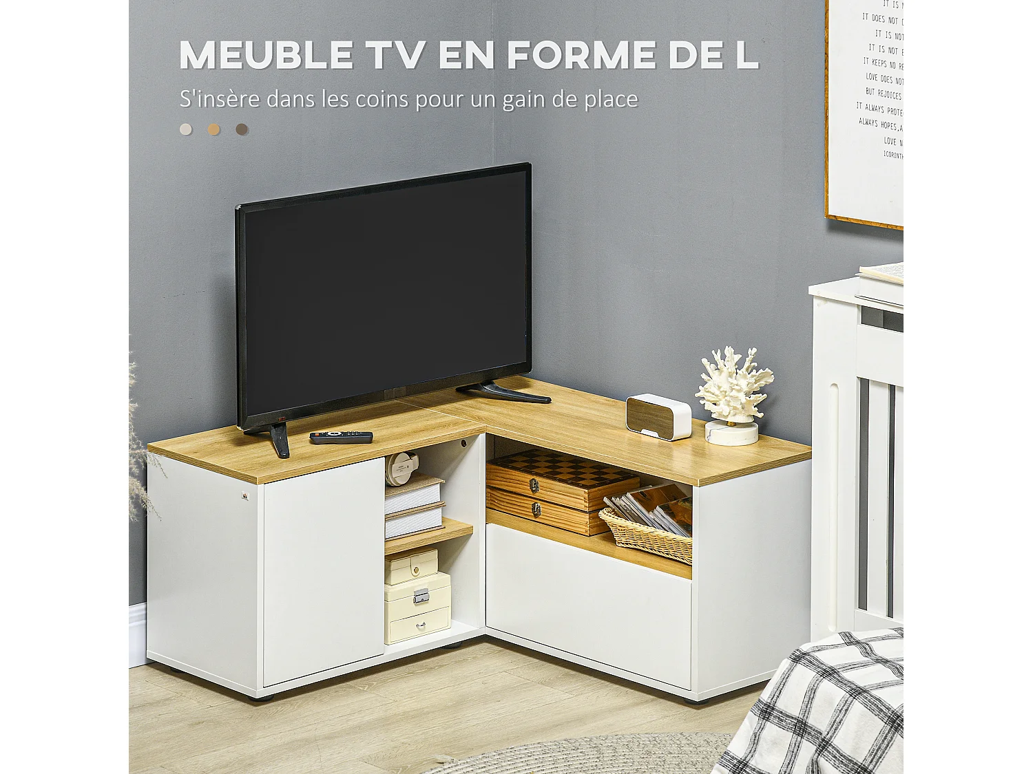 Meuble TV d'angle banc TV en L 2 portes 3 niches panneaux aspect bois chêne clair blanc
