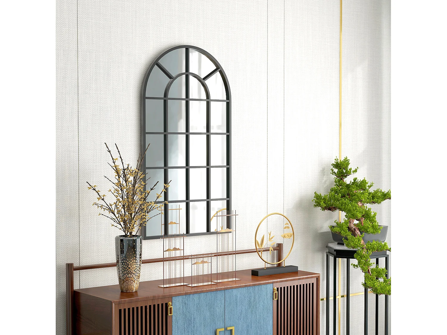 Miroir mural aspect verrière style classique chic - dim. 62L x 110H cm - métal noir verre 3 mm