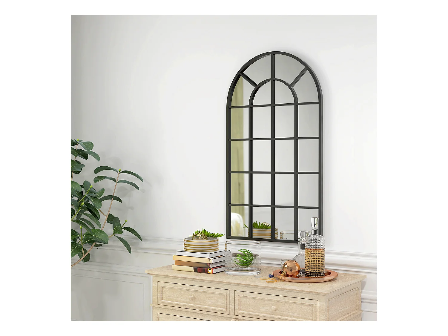 Miroir mural aspect verrière style classique chic - dim. 62L x 110H cm - métal noir verre 3 mm