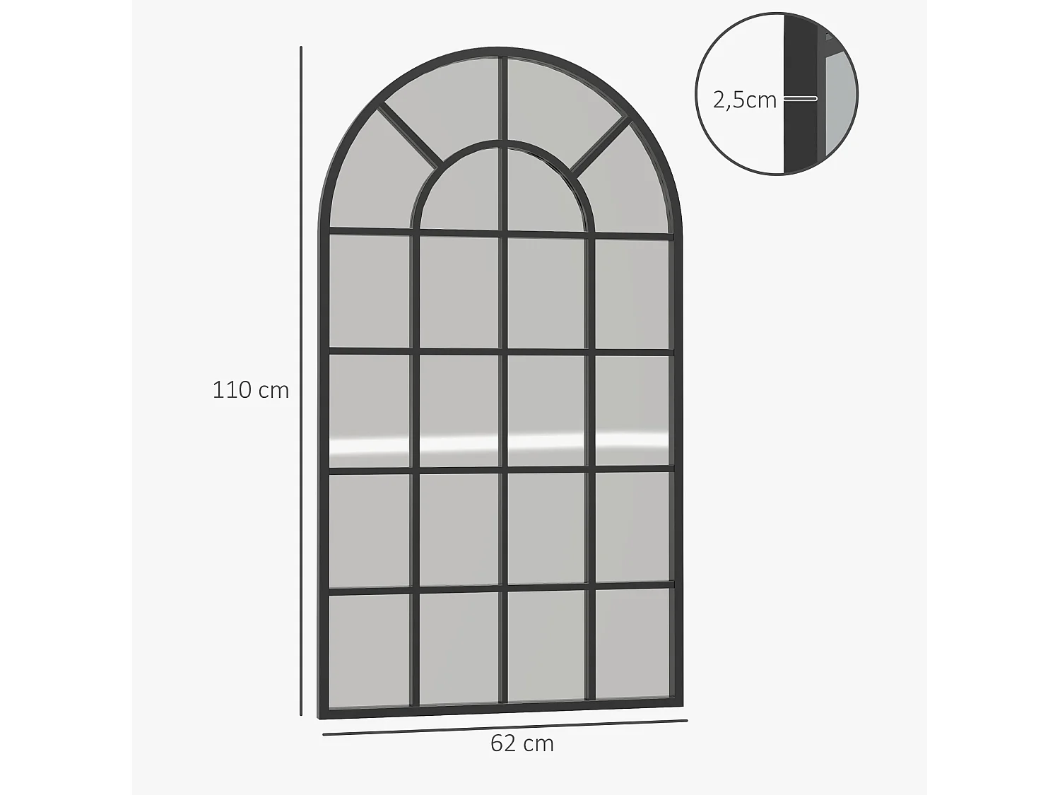 Miroir mural aspect verrière style classique chic - dim. 62L x 110H cm - métal noir verre 3 mm