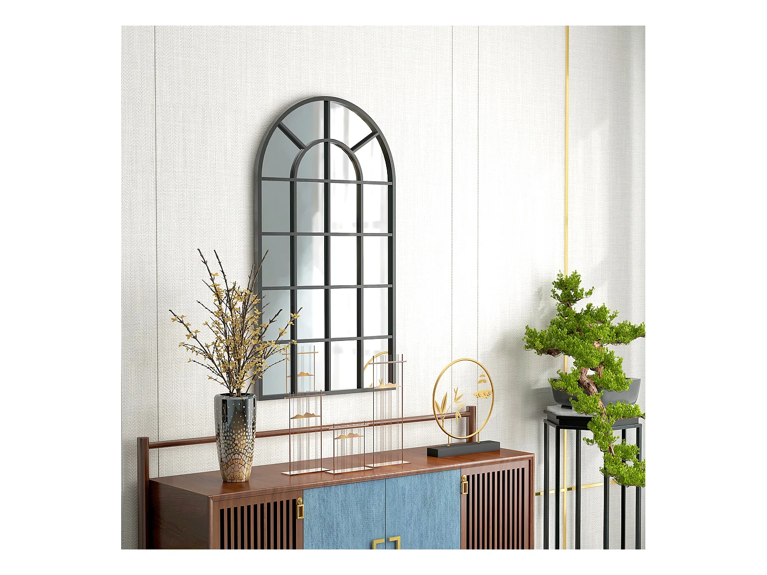Miroir mural aspect verrière style classique chic - dim. 62L x 110H cm - métal noir verre 3 mm