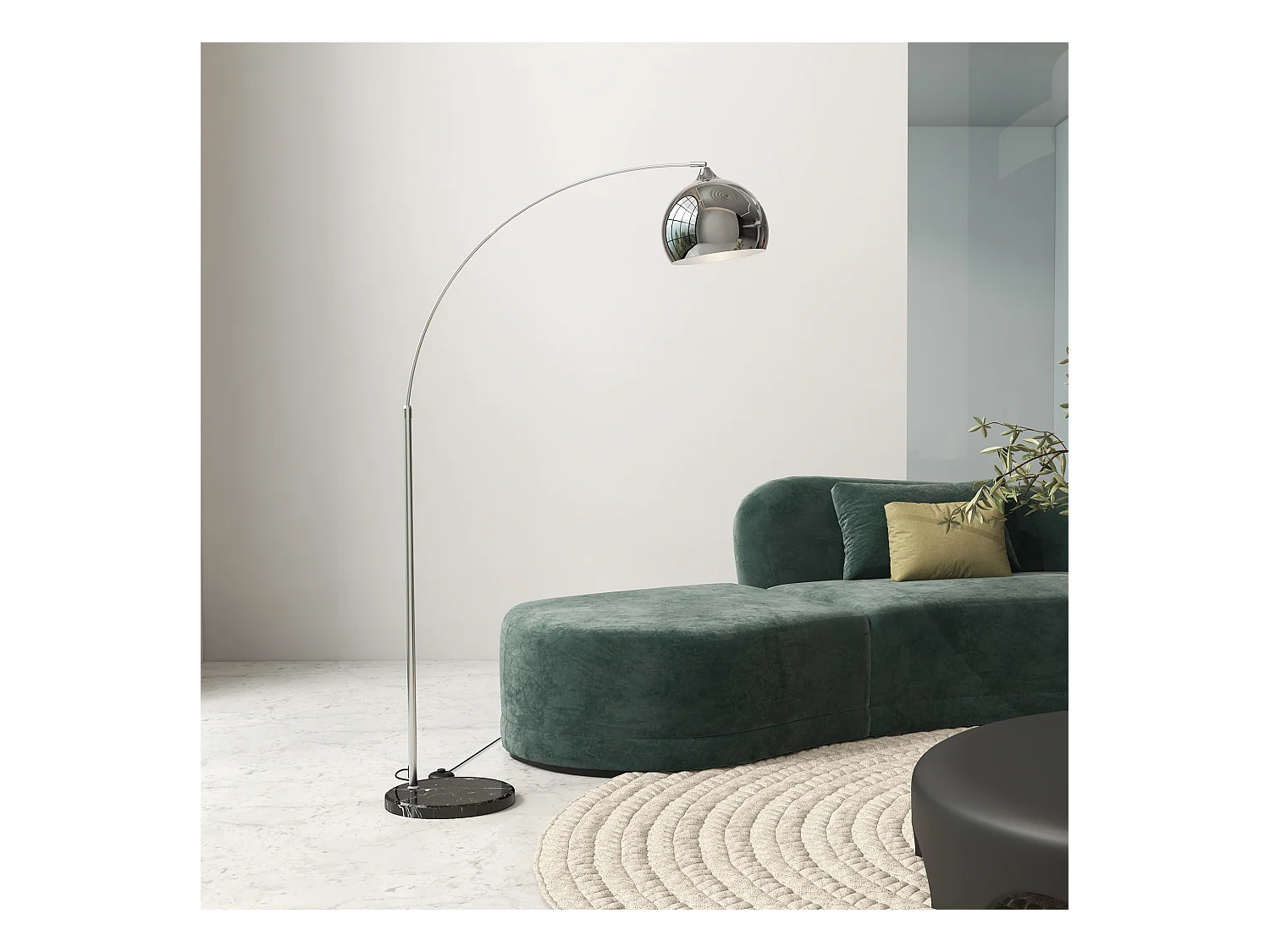 Lampadaire arc - lampadaire arceau courbé design - pied marbre noir mât abat-jour globe métal chromé