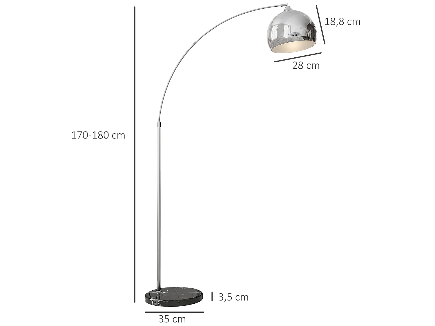 Lampadaire arc - lampadaire arceau courbé design - pied marbre noir mât abat-jour globe métal chromé