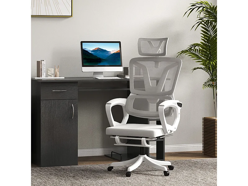 Fauteuil de bureau ergonomique inclinable réglable - repose-pied rétractable, support lombaires, tétière ajustable - blanc gris