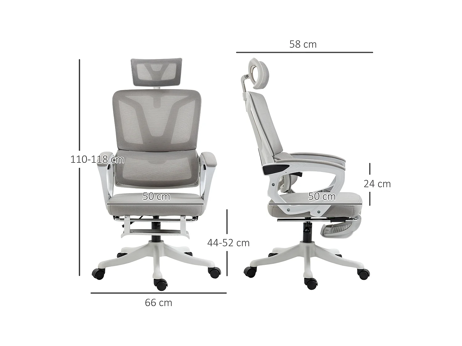 Fauteuil de bureau ergonomique inclinable réglable - repose-pied rétractable, support lombaires, tétière ajustable - blanc gris