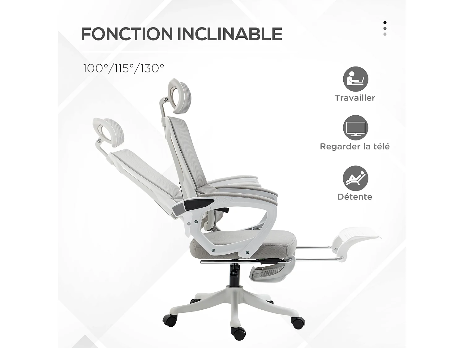 Fauteuil de bureau ergonomique inclinable réglable - repose-pied rétractable, support lombaires, tétière ajustable - blanc gris