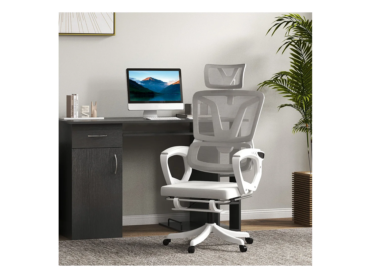 Fauteuil de bureau ergonomique inclinable réglable - repose-pied rétractable, support lombaires, tétière ajustable - blanc gris