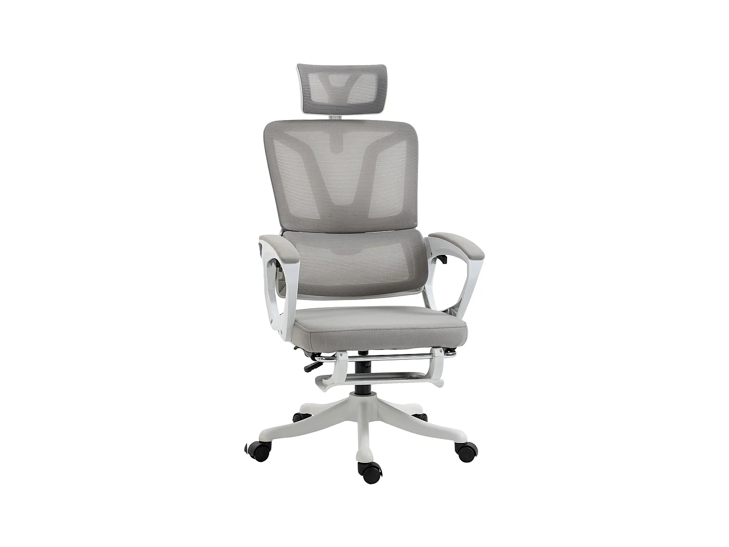 Fauteuil de bureau ergonomique inclinable réglable - repose-pied rétractable, support lombaires, tétière ajustable - blanc gris