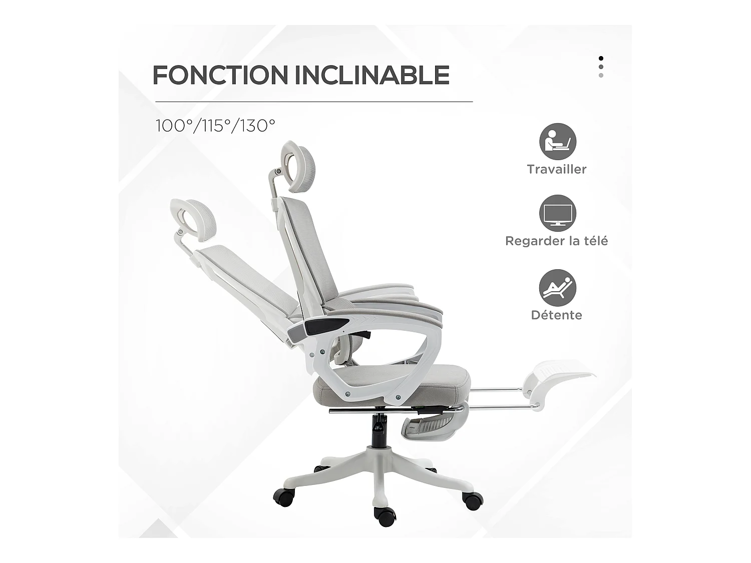 Fauteuil de bureau ergonomique inclinable réglable - repose-pied rétractable, support lombaires, tétière ajustable - blanc gris