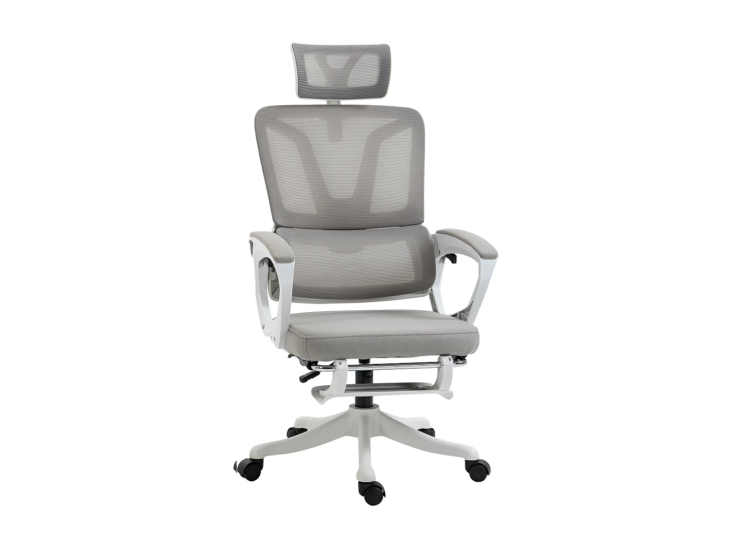 Fauteuil de bureau ergonomique inclinable réglable - repose-pied rétractable, support lombaires, tétière ajustable - blanc gris